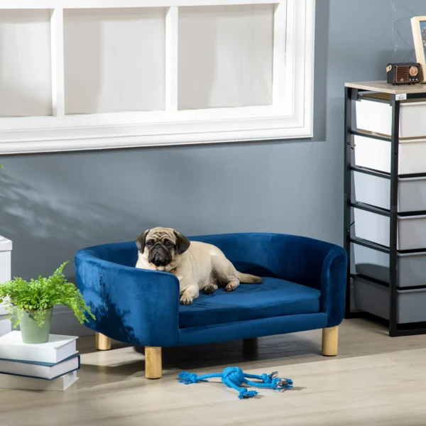 Hundesofa Hundebett Aus Holländischem Samt Hundecouch Mit Rückenlehne, Holzbeine, Kissen Blau