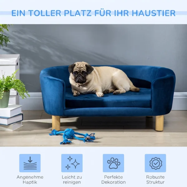 Hundesofa Hundebett Aus Holländischem Samt Hundecouch Mit Rückenlehne, Holzbeine, Kissen Blau