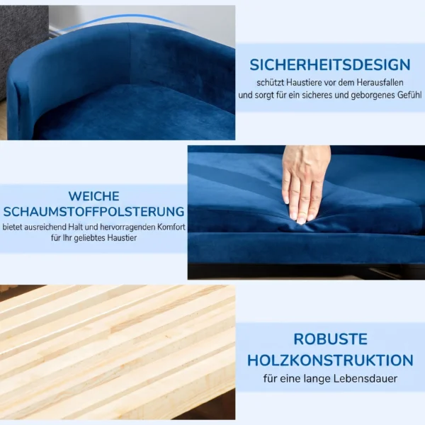 Hundesofa Hundebett Aus Holländischem Samt Hundecouch Mit Rückenlehne, Holzbeine, Kissen Blau