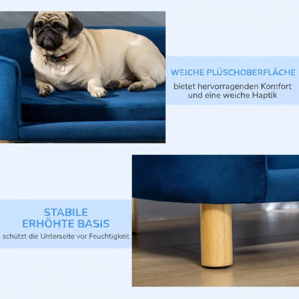 Hundesofa Hundebett Aus Holländischem Samt Hundecouch Mit Rückenlehne, Holzbeine, Kissen Blau