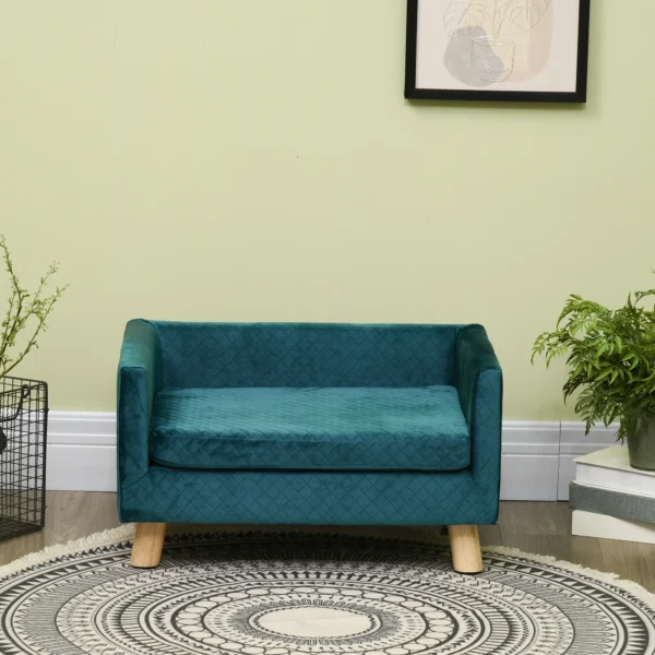 Hundesofa Hundebett Hundecouch Aus Samt Mit Rückenlehne, Holzbeine, Kissen, Bis Zu 8 Kg 64 X 45 X 36 Cm Blau