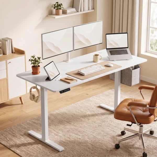 In Hoogte Verstelbare Bureau Met Geheugenfunctie, 2 Kabeldoorvoeren En LED display, Zit sta bureau, Wit