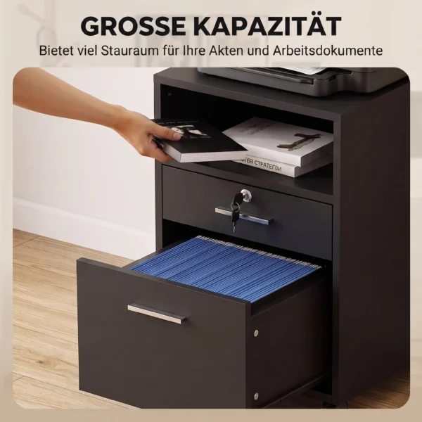 Kantoor Kast Rolcontainer, 2 Lades, Een Lade Afsluitbaar, 5 Wielen, Zwart, 40 X 40 X 65 Cm