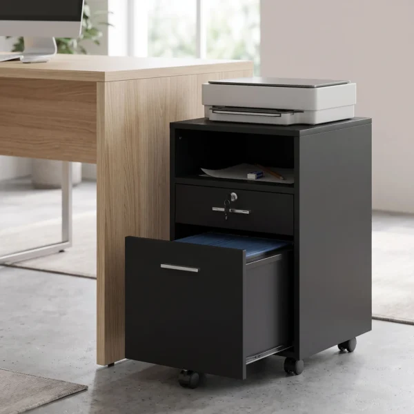 Kantoor Kast Rolcontainer, 2 Lades, Een Lade Afsluitbaar, 5 Wielen, Zwart, 40 X 40 X 65 Cm