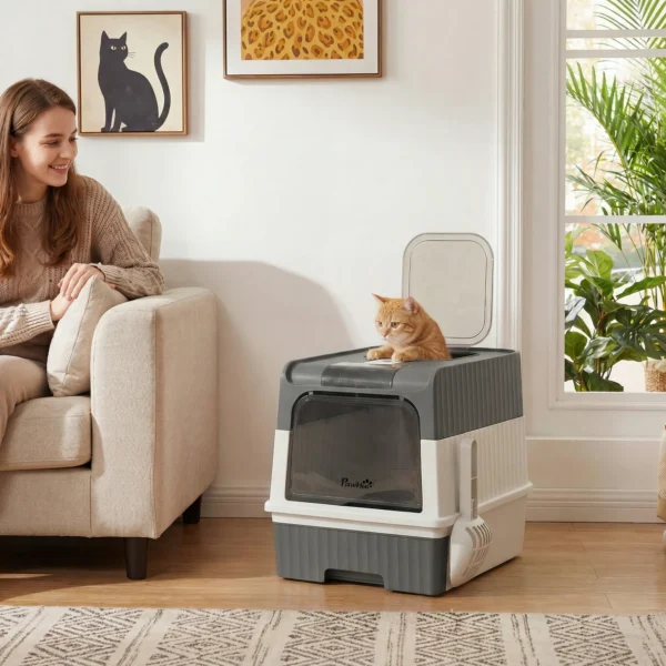 Kattenbak, 48L Kattenbak Met Deksel, Uitschuifbare Lade, Voor & Boven Uitgang Schep Voor Katten Tot 4 Kg