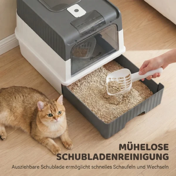 Kattenbak, 48L Kattenbak Met Deksel, Uitschuifbare Lade, Voor & Boven Uitgang Schep Voor Katten Tot 4 Kg