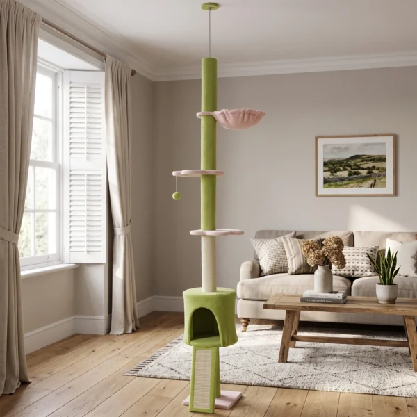 Kattenboom, Hol, Hangmat, Verstelbare Hoogte, Krabboom Met Stoffen Bekleding, Groen