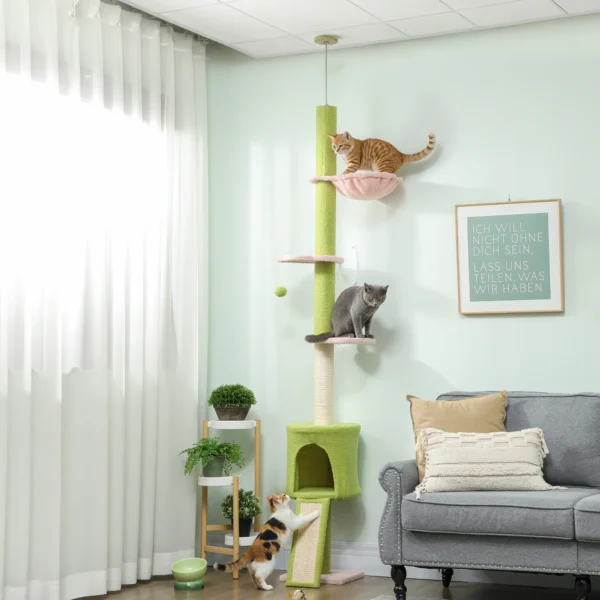 Kattenboom, Hol, Hangmat, Verstelbare Hoogte, Krabboom Met Stoffen Bekleding, Groen