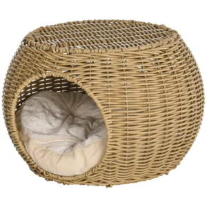 Katzenhaus Katzenkorb Katzenhöhle 2 Etagen Aus Geflochtener Kunstharz Rattanoptik Mit 1 Weichem Kissen Ø 40 X 30 Cm Hellbraun