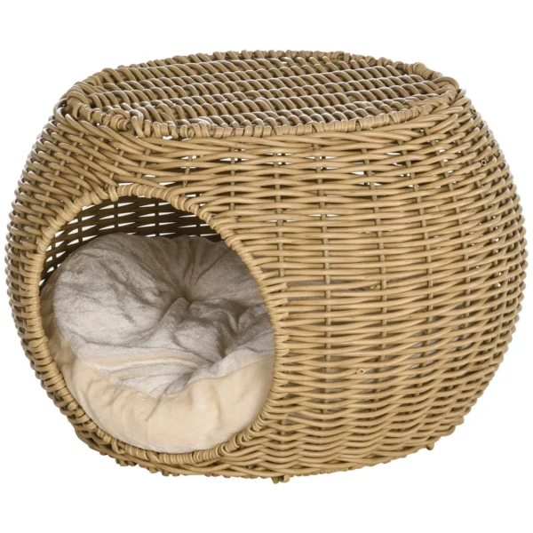 Katzenhaus Katzenkorb Katzenhöhle 2 Etagen Aus Geflochtener Kunstharz Rattanoptik Mit 1 Weichem Kissen Ø 40 X 30 Cm Hellbraun