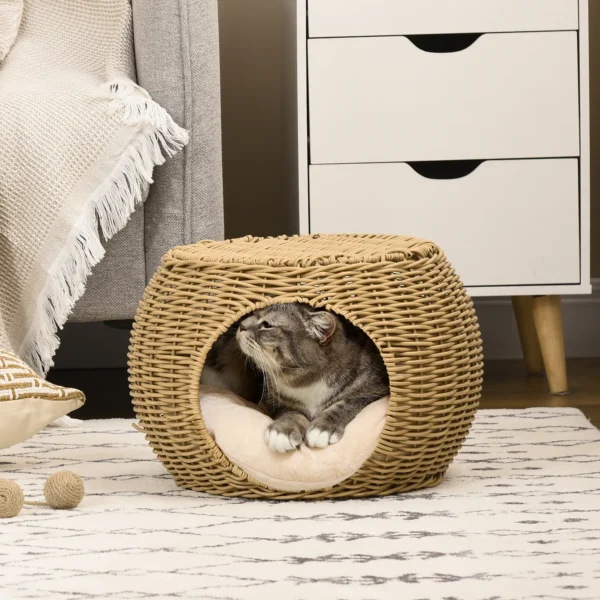 Katzenhaus Katzenkorb Katzenhöhle 2 Etagen Aus Geflochtener Kunstharz Rattanoptik Mit 1 Weichem Kissen Ø 40 X 30 Cm Hellbraun