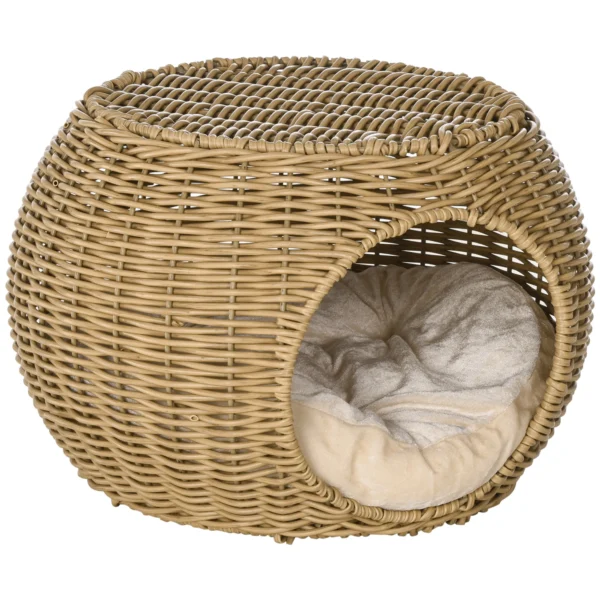 Katzenhaus Katzenkorb Katzenhöhle 2 Etagen Aus Geflochtener Kunstharz Rattanoptik Mit 1 Weichem Kissen Ø 40 X 30 Cm Hellbraun