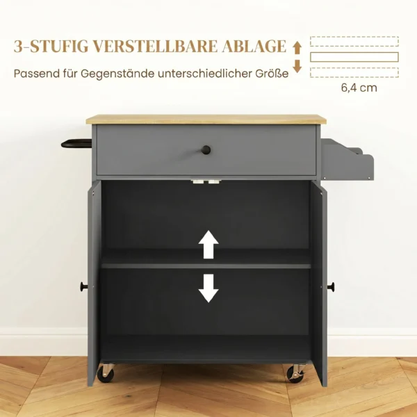 Keukenwagen Met Lade, Kastvak, Handdoekstang, 106 X 42 X 87 Cm, Grijs/Eik