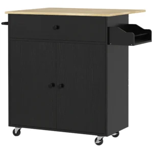 Keukenwagen Met Lade, Kastvak, Handdoekstang, 106 X 42 X 87 Cm, Zwart/Eiken