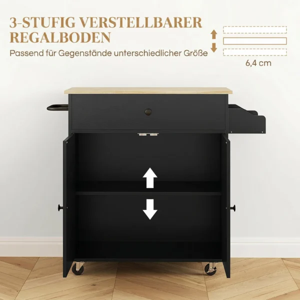 Keukenwagen Met Lade, Kastvak, Handdoekstang, 106 X 42 X 87 Cm, Zwart/Eiken