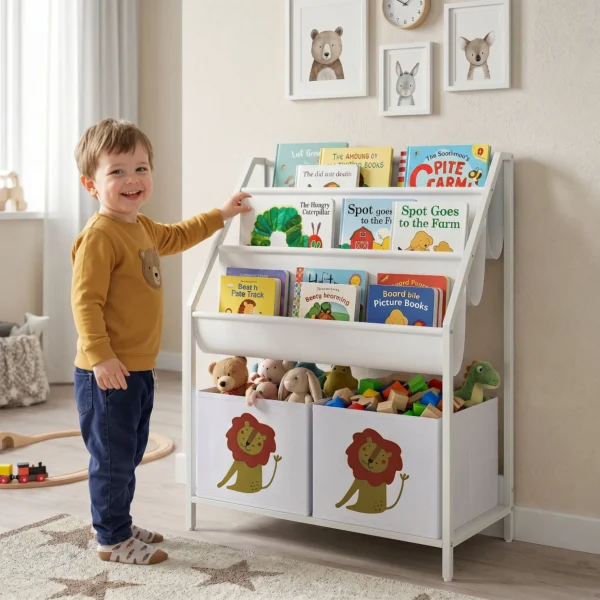 Kinderboekenkast Met 2 Open Vakken 3 Hangende Rekken 60 X 30 X 76 Cm Wit