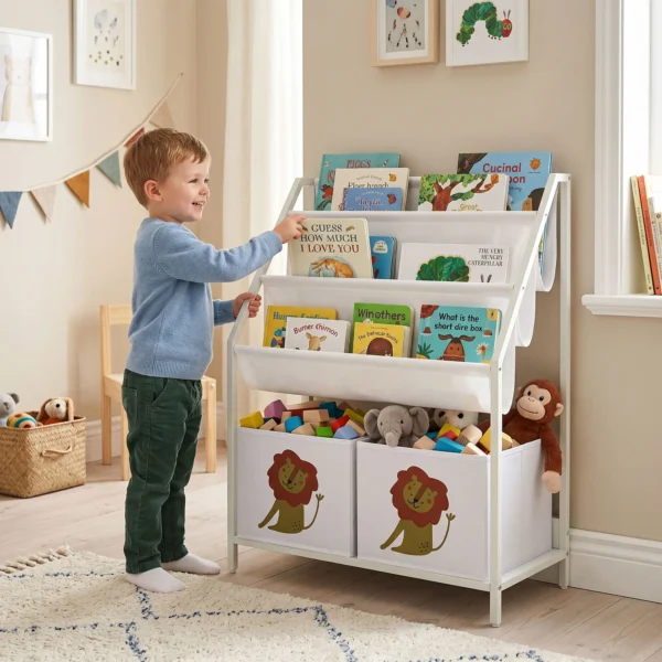 Kinderboekenkast Met 2 Open Vakken 3 Hangende Rekken 60 X 30 X 76 Cm Wit