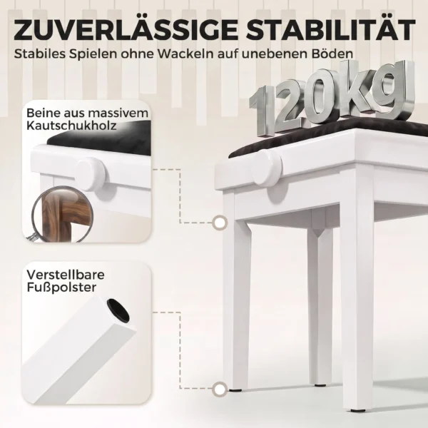 Klavierbank Höhenverstellbar Klavierhocker Mit Gepolstertem Kissen, Samtoptik, Beinen Aus Kautschukholz Weiß