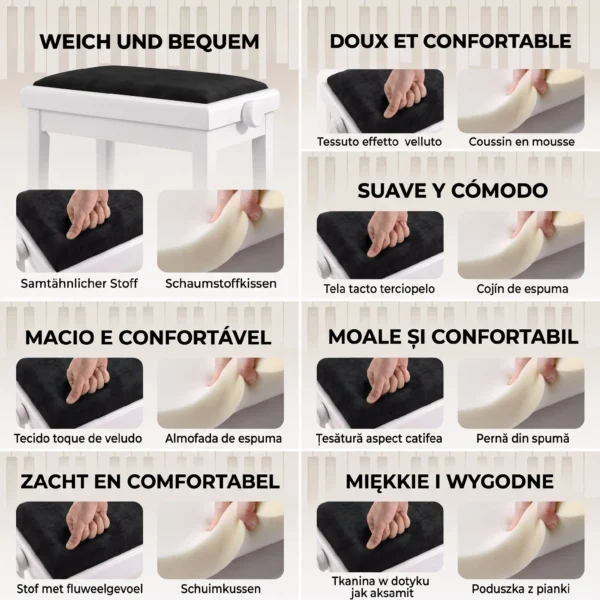 Klavierbank Höhenverstellbar Klavierhocker Mit Gepolstertem Kissen, Samtoptik, Beinen Aus Kautschukholz Weiß