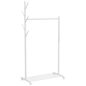 Kledingrek Op Wielen, Mobiel Garderoberek Met Kledingstang, 5 Haken, Schoenenrek Wit