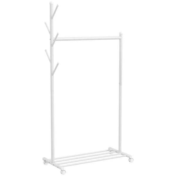 Kledingrek Op Wielen, Mobiel Garderoberek Met Kledingstang, 5 Haken, Schoenenrek Wit