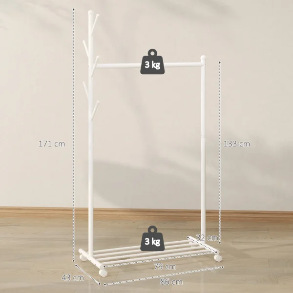 Kledingrek Op Wielen, Mobiel Garderoberek Met Kledingstang, 5 Haken, Schoenenrek Wit