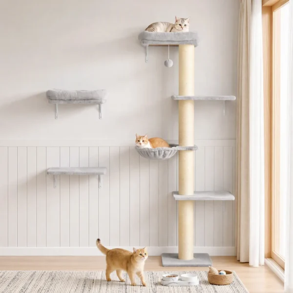 Klimmuur Voor Katten, 3 delig Kattenklimmuur Set, Katten Wandelementen Met Krabpaal, Platformen Hangmat