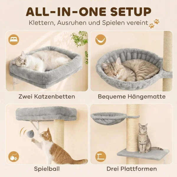 Klimmuur Voor Katten, 3 delig Kattenklimmuur Set, Katten Wandelementen Met Krabpaal, Platformen Hangmat