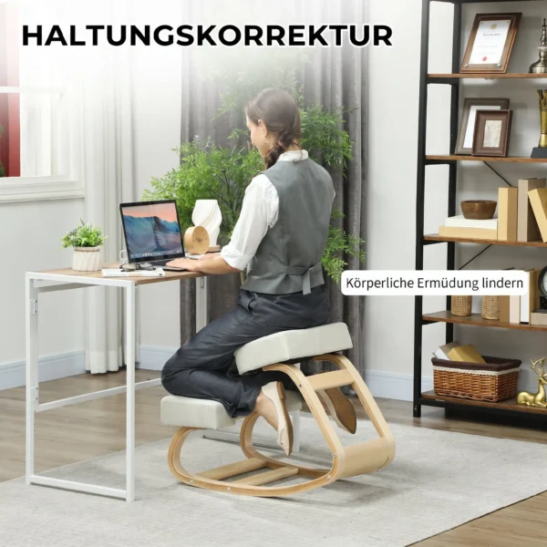 Kniestoel, Ergonomische Zithocker, Gestoffeerde Kruk Voor Gezonde Zithouding, Berkenhout, Belastbaar Tot 120 Kg, Crèmewit