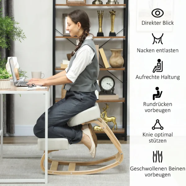 Kniestoel, Ergonomische Zithocker, Gestoffeerde Kruk Voor Gezonde Zithouding, Berkenhout, Belastbaar Tot 120 Kg, Crèmewit