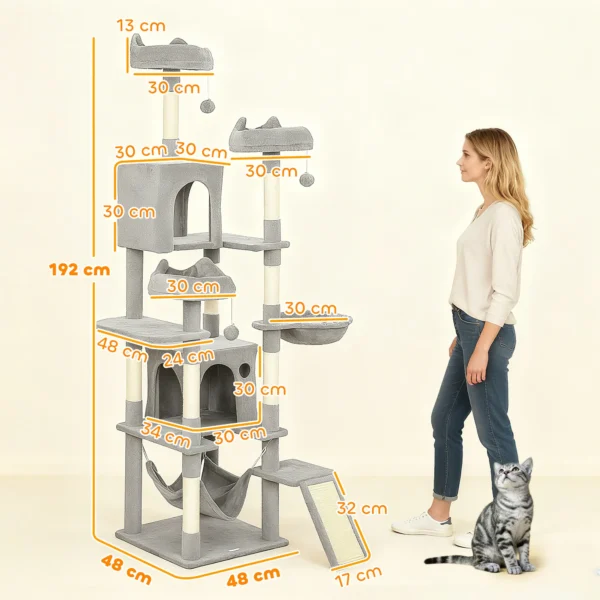 Krabpaal 192 Cm Kattentoren Met Hol, Sisalstammen, Groot Platform, Hangmatten Helling Voor 2 3 Katten Onder 5 Kg