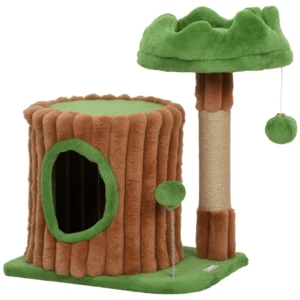 Krabpaal 53 Cm Hoog, Kattenboom Met Hol, Boomstamontwerp, Jutestammen, 2 Ballen Voor 1 2 Katten Onder 5 Kg, Bruin+Groen