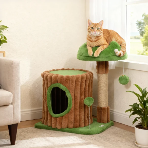 Krabpaal 53 Cm Hoog, Kattenboom Met Hol, Boomstamontwerp, Jutestammen, 2 Ballen Voor 1 2 Katten Onder 5 Kg, Bruin+Groen