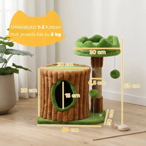 Krabpaal 53 Cm Hoog, Kattenboom Met Hol, Boomstamontwerp, Jutestammen, 2 Ballen Voor 1 2 Katten Onder 5 Kg, Bruin+Groen