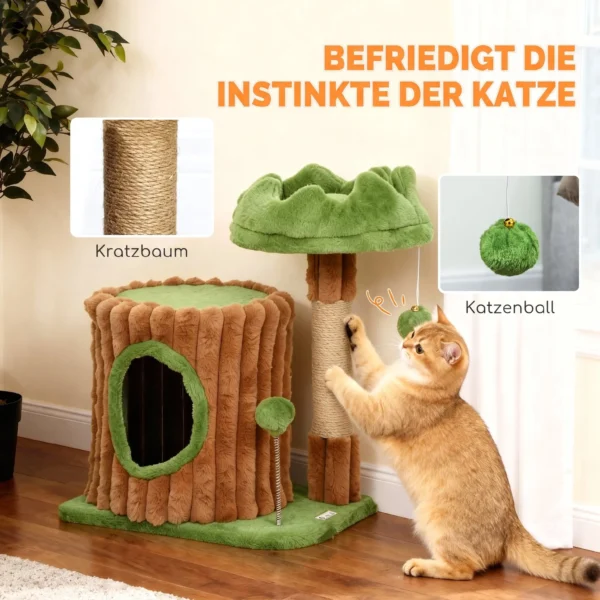 Krabpaal 53 Cm Hoog, Kattenboom Met Hol, Boomstamontwerp, Jutestammen, 2 Ballen Voor 1 2 Katten Onder 5 Kg, Bruin+Groen