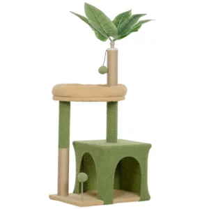 Krabpaal 98 Cm Hoog Met Grot, Kattenbed In Bladvorm, Jute Stammen, 2 Speelballen Voor Katten Onder De 5 Kg