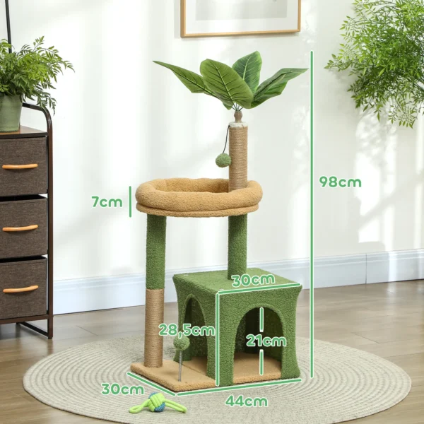 Krabpaal 98 Cm Hoog Met Grot, Kattenbed In Bladvorm, Jute Stammen, 2 Speelballen Voor Katten Onder De 5 Kg
