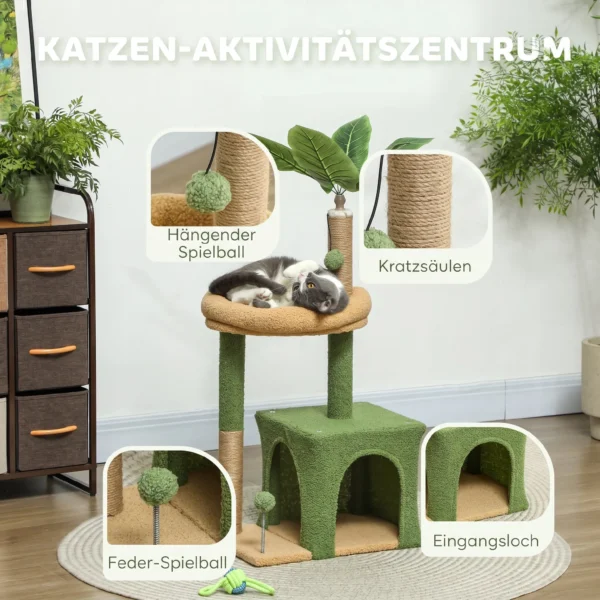 Krabpaal 98 Cm Hoog Met Grot, Kattenbed In Bladvorm, Jute Stammen, 2 Speelballen Voor Katten Onder De 5 Kg