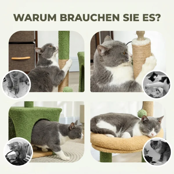 Krabpaal 98 Cm Hoog Met Grot, Kattenbed In Bladvorm, Jute Stammen, 2 Speelballen Voor Katten Onder De 5 Kg