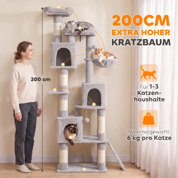 Krabpaal Groot, 200 Cm Hoog Met 2 Bedden, 3 Grotten, Hangmat, 3 Ballen Voor 1 3 Katten Onder 6 Kg, Lichtgrijs