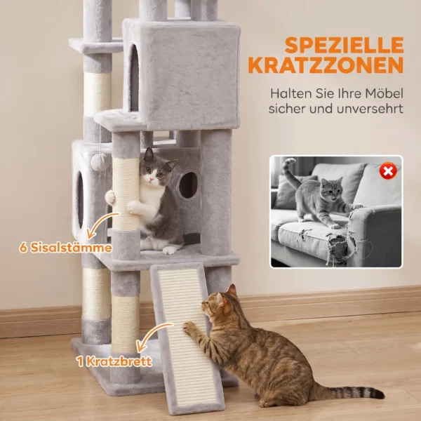 Krabpaal Groot, 200 Cm Hoog Met 2 Bedden, 3 Grotten, Hangmat, 3 Ballen Voor 1 3 Katten Onder 6 Kg, Lichtgrijs