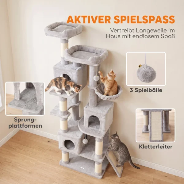 Krabpaal Groot, 200 Cm Hoog Met 2 Bedden, 3 Grotten, Hangmat, 3 Ballen Voor 1 3 Katten Onder 6 Kg, Lichtgrijs