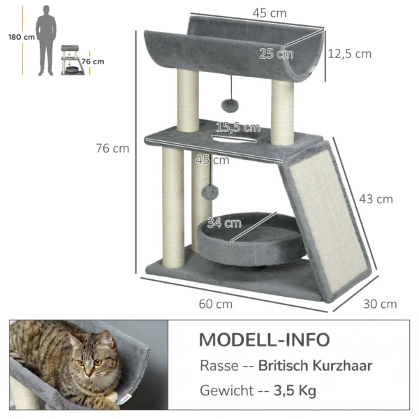 Krabpaal Kattenboom, Incl. Speelgoed En Kattenbed, 60 Cm X 30 Cm X 76 Cm, Lichtgrijs