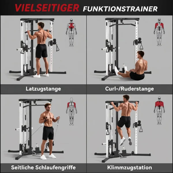 Kraftstation Fitnessstation Met Latzug, Klimmzugstange Curl /Ruderstange Handvatten, 15 Keer Verstelbaar