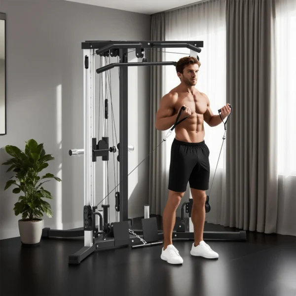 Kraftstation Fitnessstation Met Latzug, Klimmzugstange Curl /Ruderstange Handvatten, 15 Keer Verstelbaar