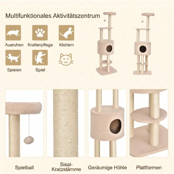 Kratzbaum 148 Cm Hoch Katzenbaum Mit Höhle, 4 Spielzeuge, Sisalstämme, Große Plattform, Mehrstöckig Für Katzen Bis 5 Kg
