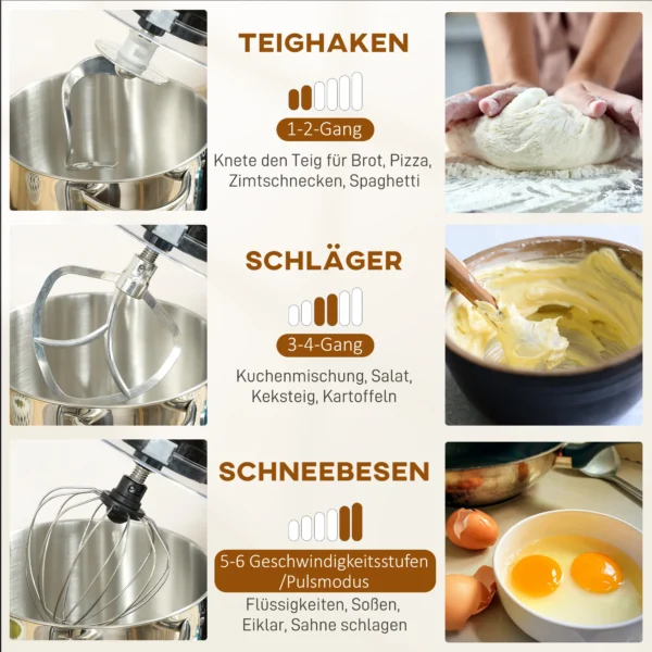 Küchenmaschine Knetmaschine Mit 7L Edelstahlschüssel 1400W Mit Kippkopf, Knethaken, Schneebesen, Rührbesen