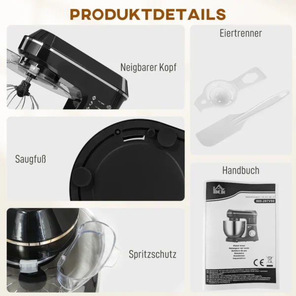 Küchenmaschine Knetmaschine Mit 7L Edelstahlschüssel 1400W Mit Kippkopf, Knethaken, Schneebesen, Rührbesen