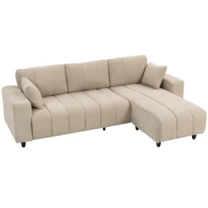 L vormige Hoekbank Met Flexibele Chaise Longue, 3 zits Bank Met 2 Kussens, Metalen Frame, Voor Woonkamer, Beige