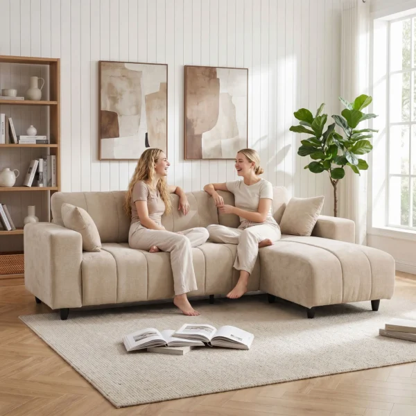 L vormige Hoekbank Met Flexibele Chaise Longue, 3 zits Bank Met 2 Kussens, Metalen Frame, Voor Woonkamer, Beige